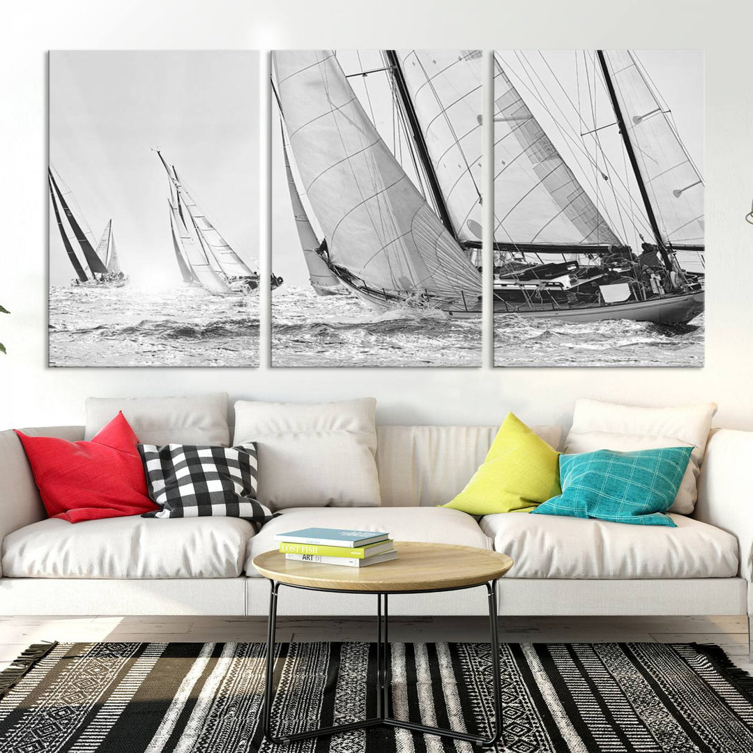 Sailboat print Yacht Regatta canvas wall art Yacht wall decor Seascape Art Sailing Ship Black White extra large wall art Sailing Regatta