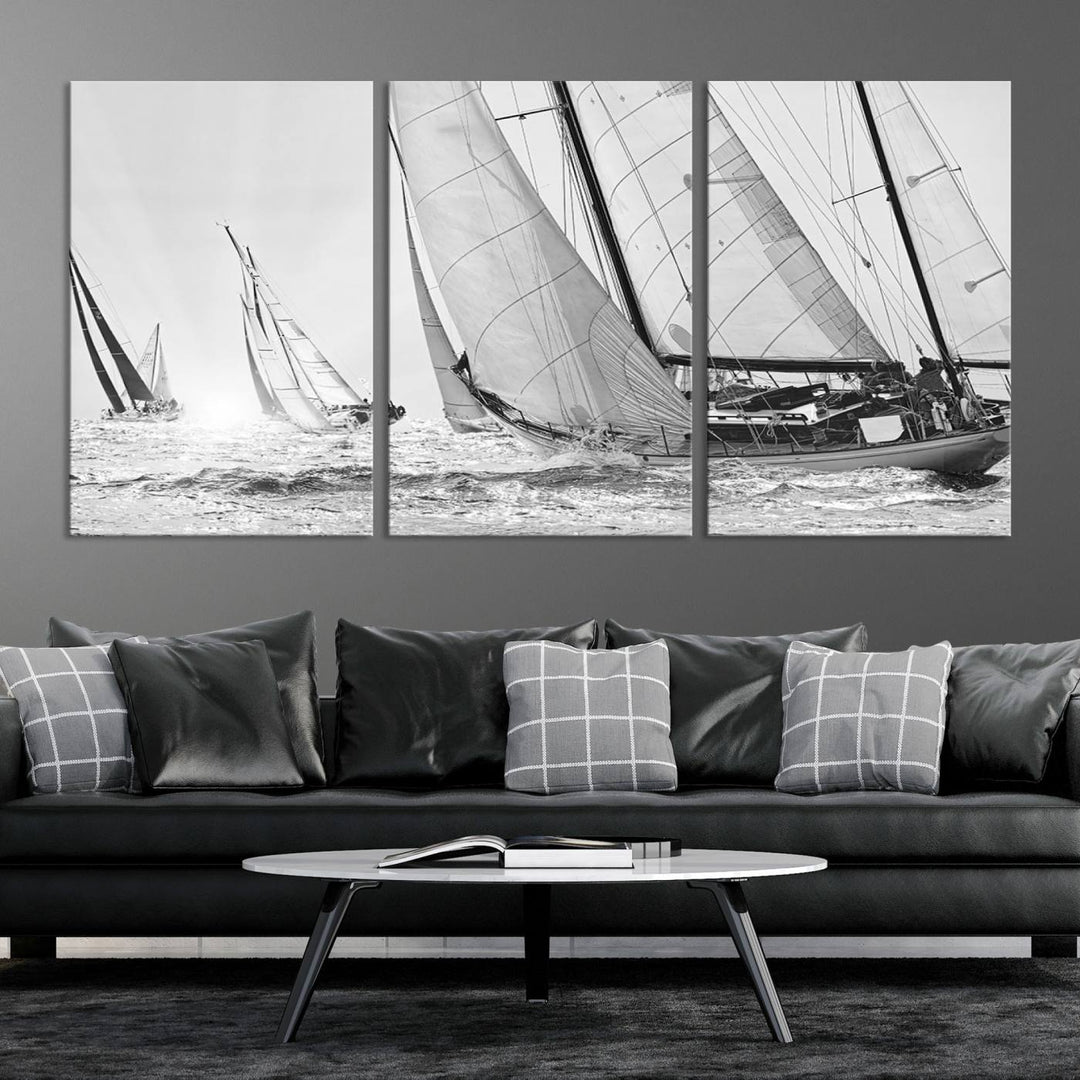 Sailboat print Yacht Regatta canvas wall art Yacht wall decor Seascape Art Sailing Ship Black White extra large wall art Sailing Regatta