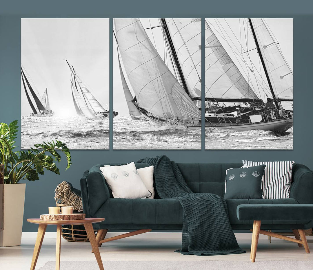 Sailboat print Yacht Regatta canvas wall art Yacht wall decor Seascape Art Sailing Ship Black White extra large wall art Sailing Regatta