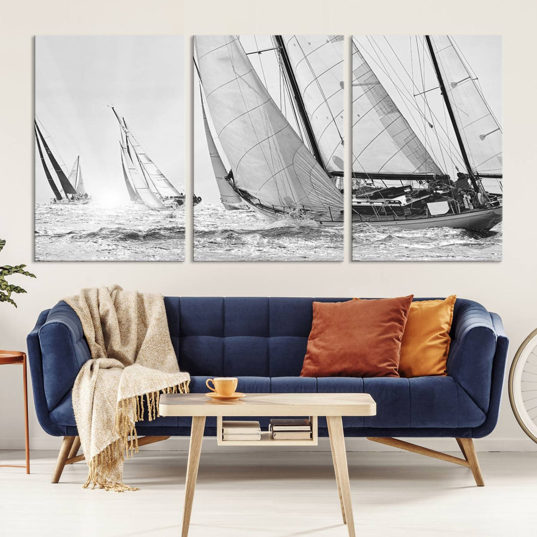 Sailboat print Yacht Regatta canvas wall art Yacht wall decor Seascape Art Sailing Ship Black White extra large wall art Sailing Regatta