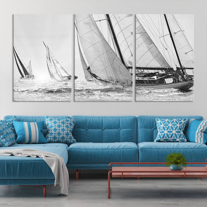 Sailboat print Yacht Regatta canvas wall art Yacht wall decor Seascape Art Sailing Ship Black White extra large wall art Sailing Regatta