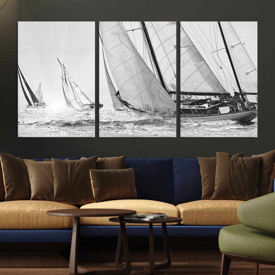 Sailboat print Yacht Regatta canvas wall art Yacht wall decor Seascape Art Sailing Ship Black White extra large wall art Sailing Regatta