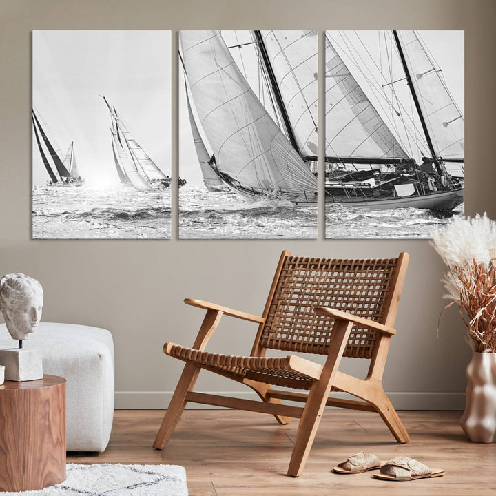 Sailboat print Yacht Regatta canvas wall art Yacht wall decor Seascape Art Sailing Ship Black White extra large wall art Sailing Regatta