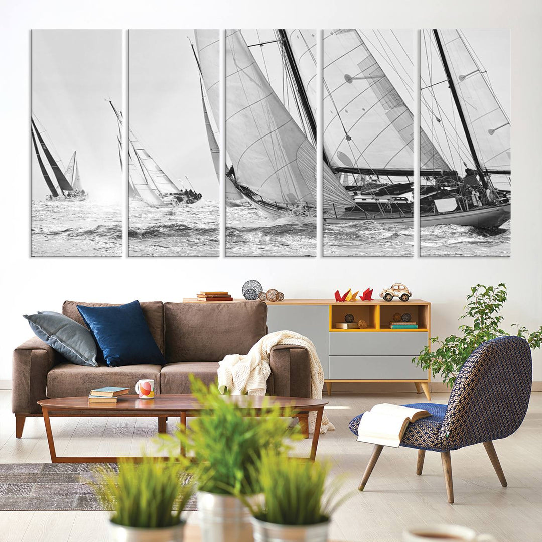 Sailboat print Yacht Regatta canvas wall art Yacht wall decor Seascape Art Sailing Ship Black White extra large wall art Sailing Regatta