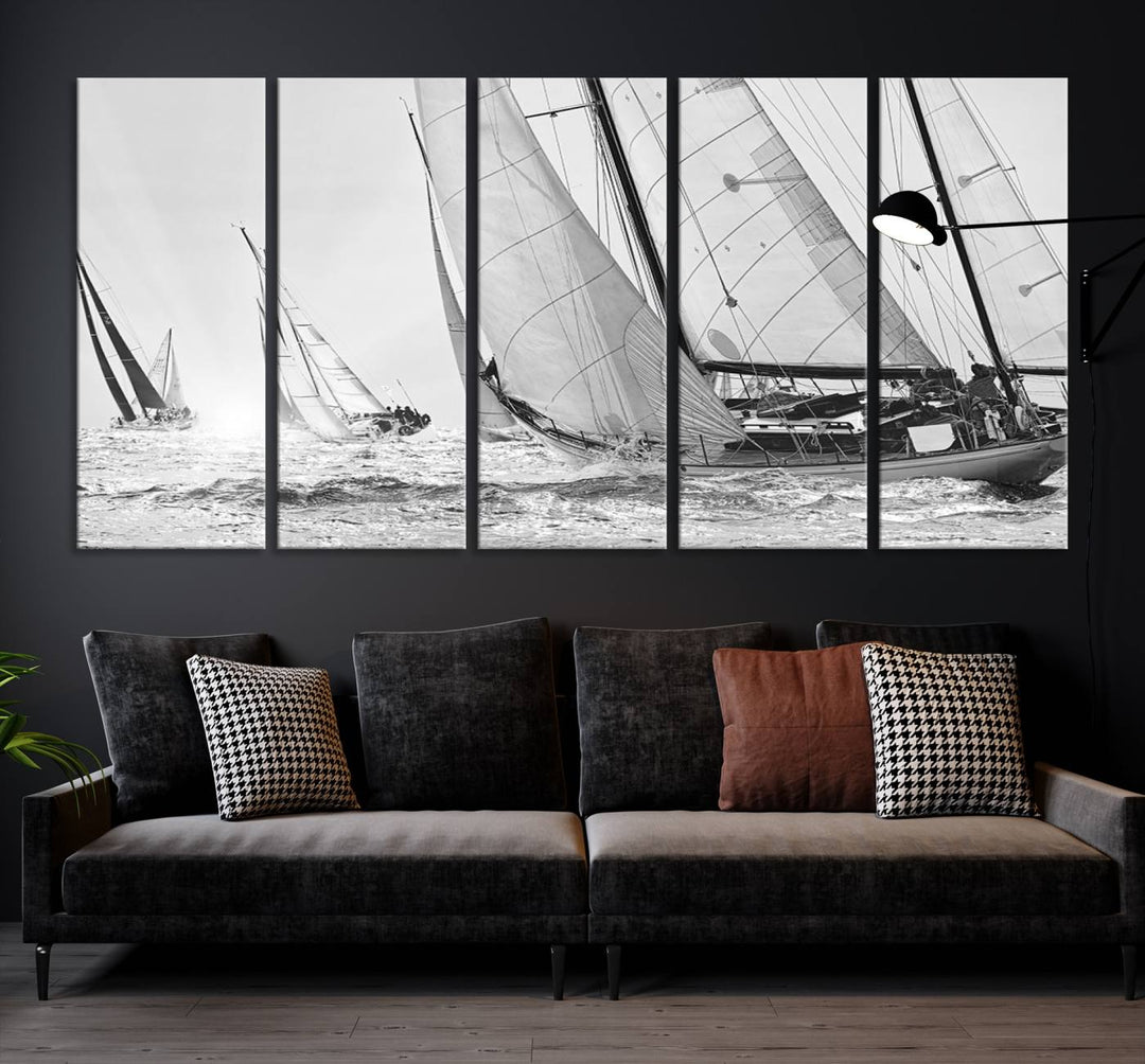 Sailboat print Yacht Regatta canvas wall art Yacht wall decor Seascape Art Sailing Ship Black White extra large wall art Sailing Regatta