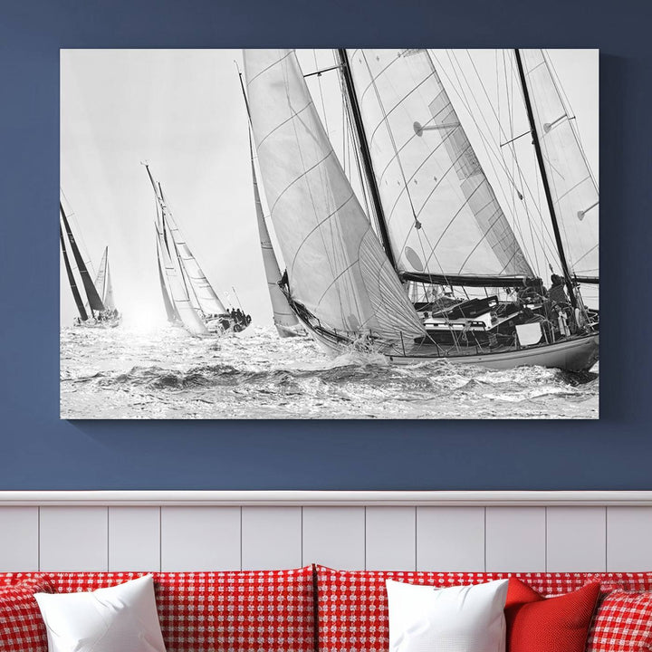 Sailboat print Yacht Regatta canvas wall art Yacht wall decor Seascape Art Sailing Ship Black White extra large wall art Sailing Regatta