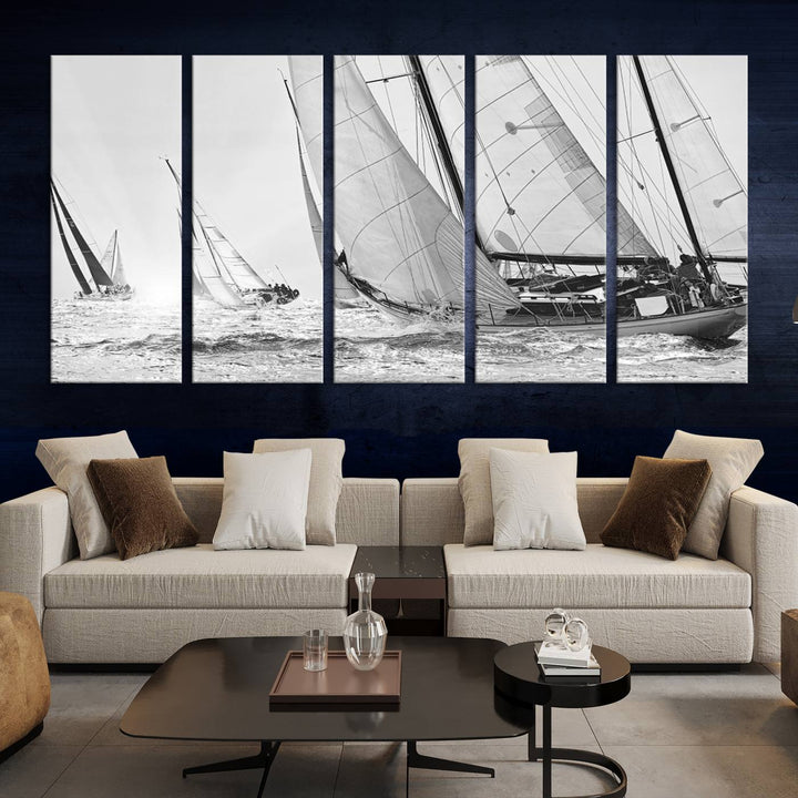 Sailboat print Yacht Regatta canvas wall art Yacht wall decor Seascape Art Sailing Ship Black White extra large wall art Sailing Regatta