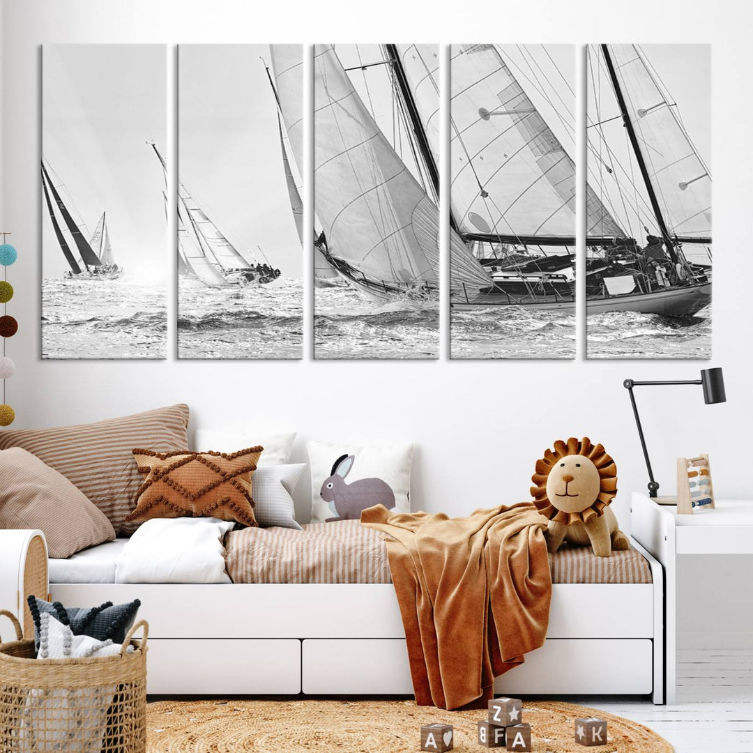 Sailboat print Yacht Regatta canvas wall art Yacht wall decor Seascape Art Sailing Ship Black White extra large wall art Sailing Regatta