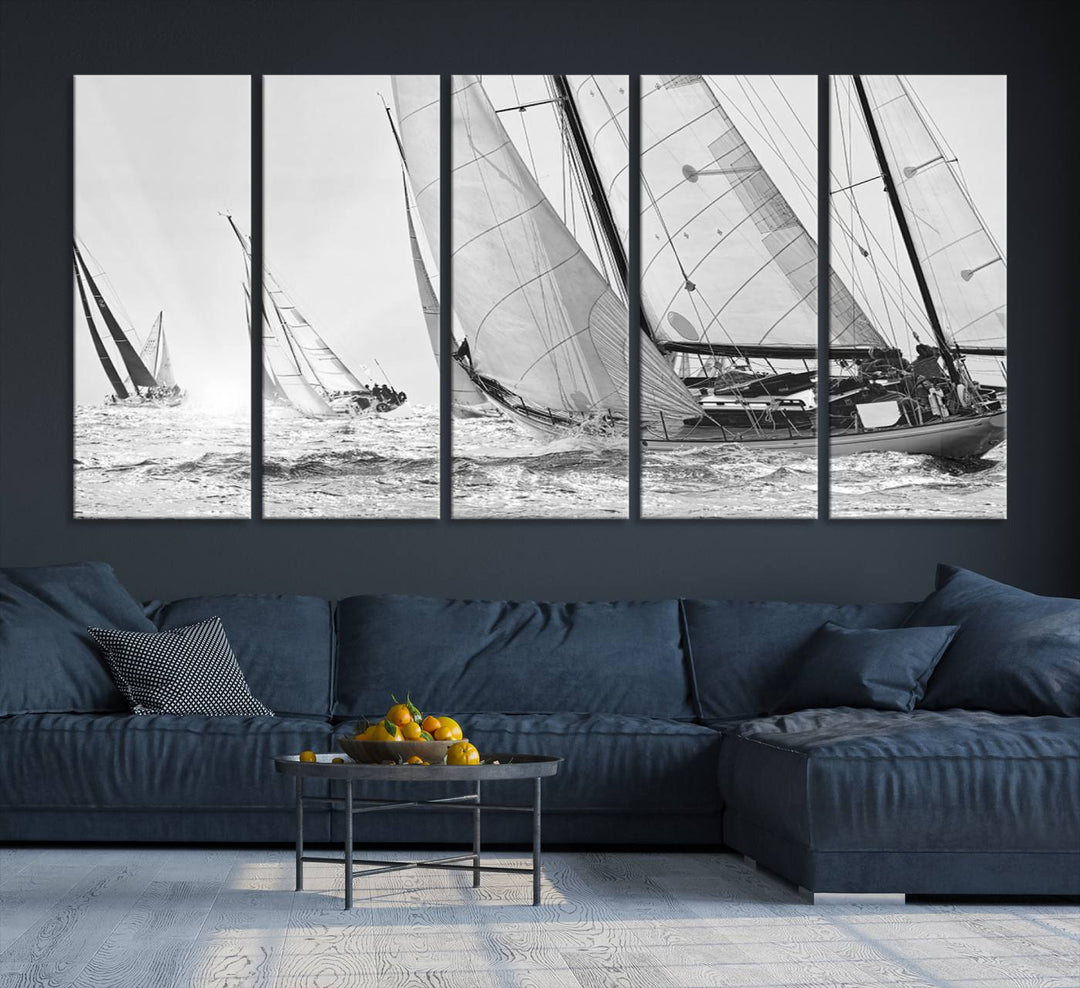 Sailboat print Yacht Regatta canvas wall art Yacht wall decor Seascape Art Sailing Ship Black White extra large wall art Sailing Regatta