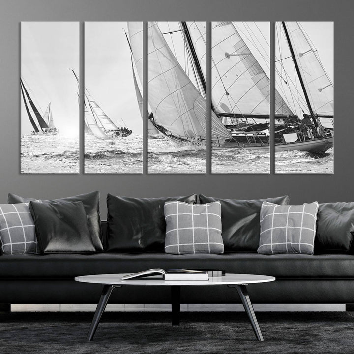 Sailboat print Yacht Regatta canvas wall art Yacht wall decor Seascape Art Sailing Ship Black White extra large wall art Sailing Regatta