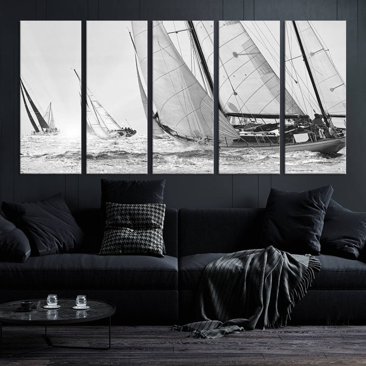 Sailboat print Yacht Regatta canvas wall art Yacht wall decor Seascape Art Sailing Ship Black White extra large wall art Sailing Regatta