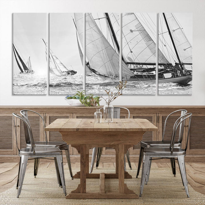 Sailboat print Yacht Regatta canvas wall art Yacht wall decor Seascape Art Sailing Ship Black White extra large wall art Sailing Regatta