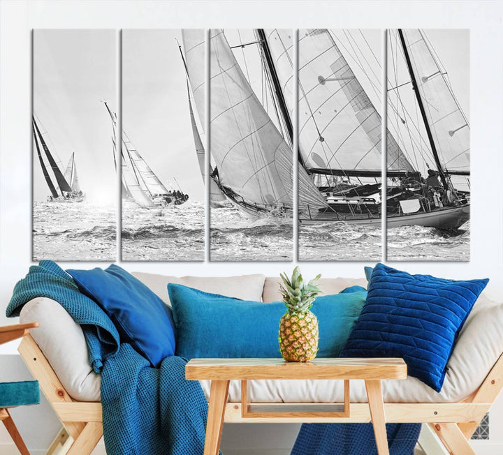 Sailboat print Yacht Regatta canvas wall art Yacht wall decor Seascape Art Sailing Ship Black White extra large wall art Sailing Regatta