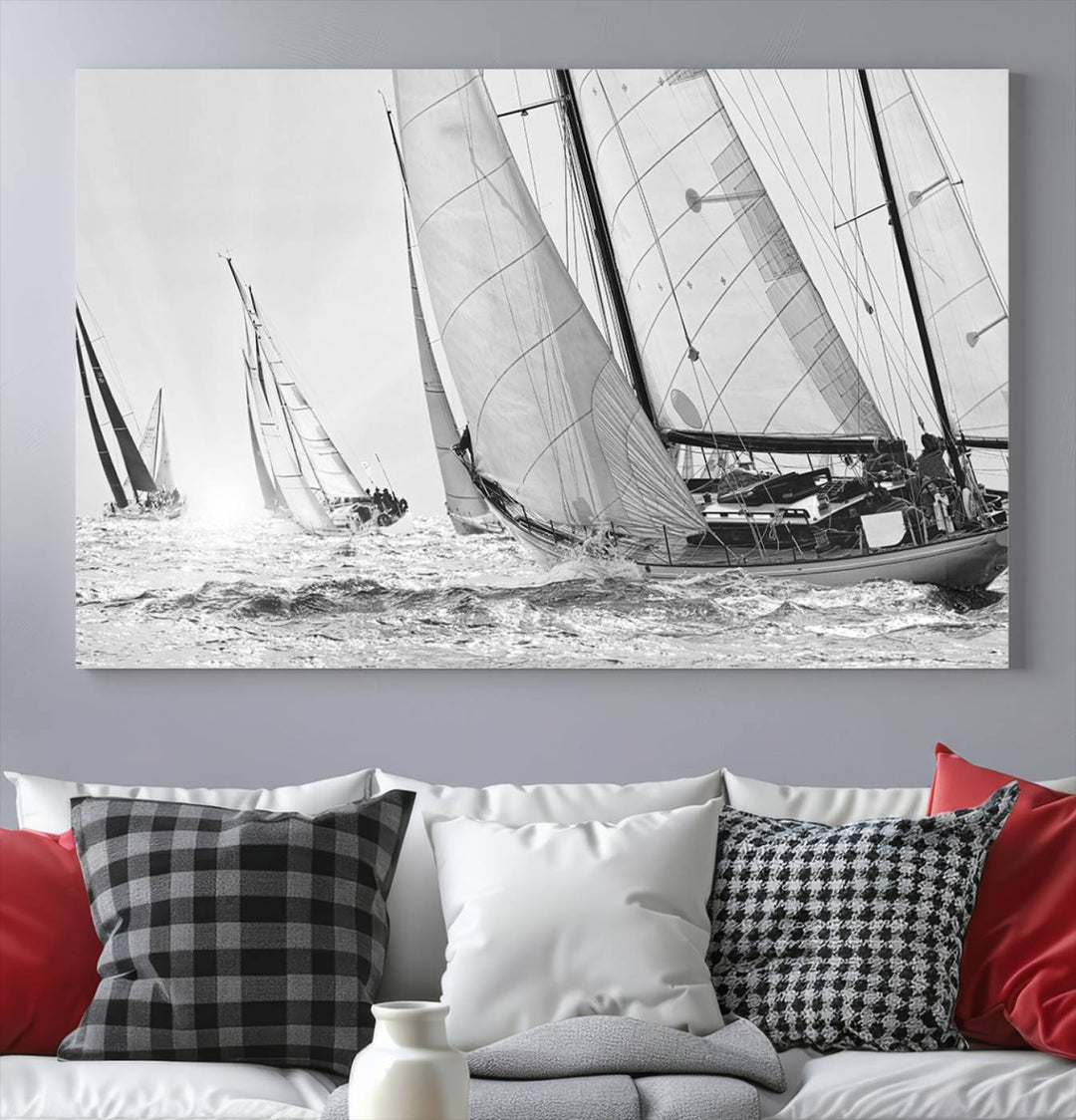 Sailboat print Yacht Regatta canvas wall art Yacht wall decor Seascape Art Sailing Ship Black White extra large wall art Sailing Regatta