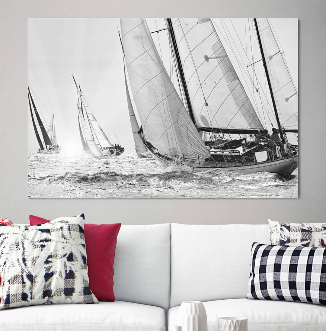 Sailboat print Yacht Regatta canvas wall art Yacht wall decor Seascape Art Sailing Ship Black White extra large wall art Sailing Regatta