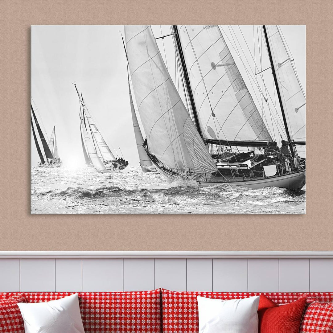 Sailboat print Yacht Regatta canvas wall art Yacht wall decor Seascape Art Sailing Ship Black White extra large wall art Sailing Regatta