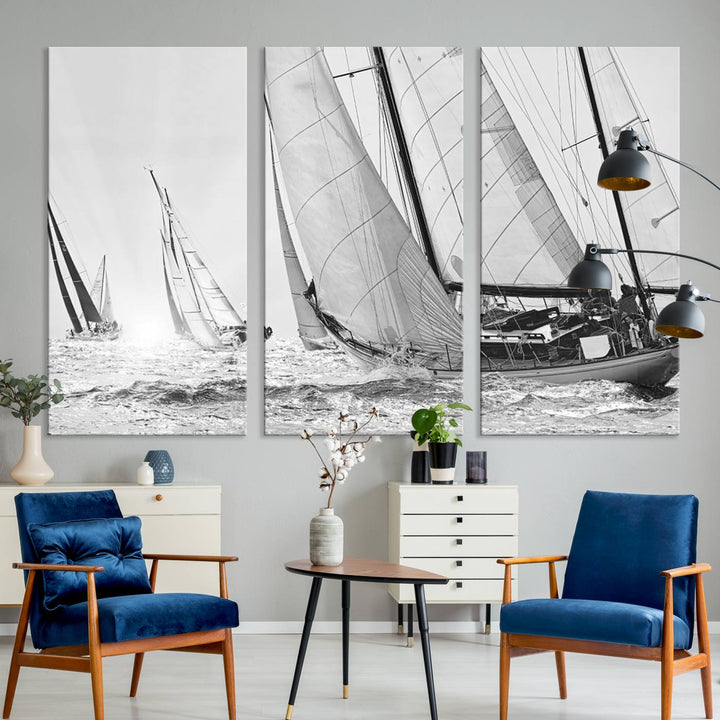 Sailboat print Yacht Regatta canvas wall art Yacht wall decor Seascape Art Sailing Ship Black White extra large wall art Sailing Regatta