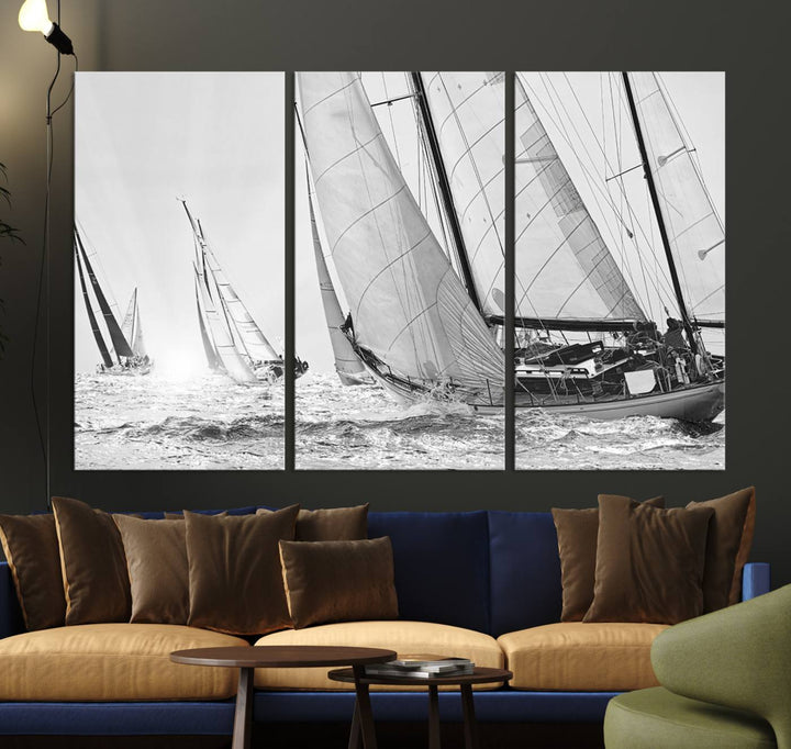 Sailboat print Yacht Regatta canvas wall art Yacht wall decor Seascape Art Sailing Ship Black White extra large wall art Sailing Regatta