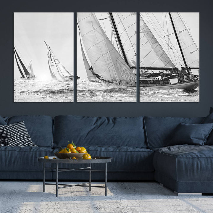 Sailboat print Yacht Regatta canvas wall art Yacht wall decor Seascape Art Sailing Ship Black White extra large wall art Sailing Regatta