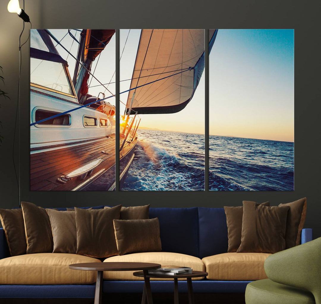 Sailboat Win on the Ocean Sunset Wall Art Canvas Print