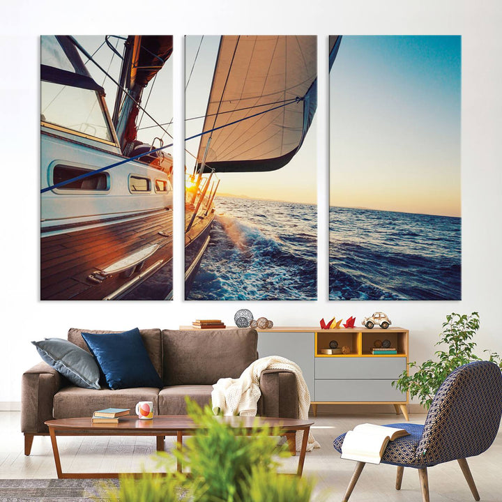 Sailboat Win on the Ocean Sunset Wall Art Canvas Print