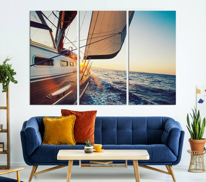 Sailboat Win on the Ocean Sunset Wall Art Canvas Print