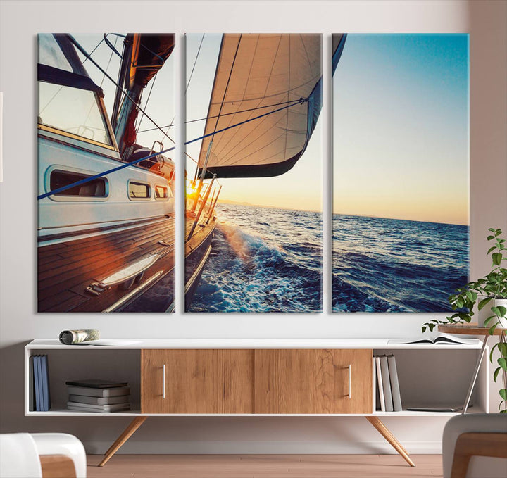 Sailboat Win on the Ocean Sunset Wall Art Canvas Print