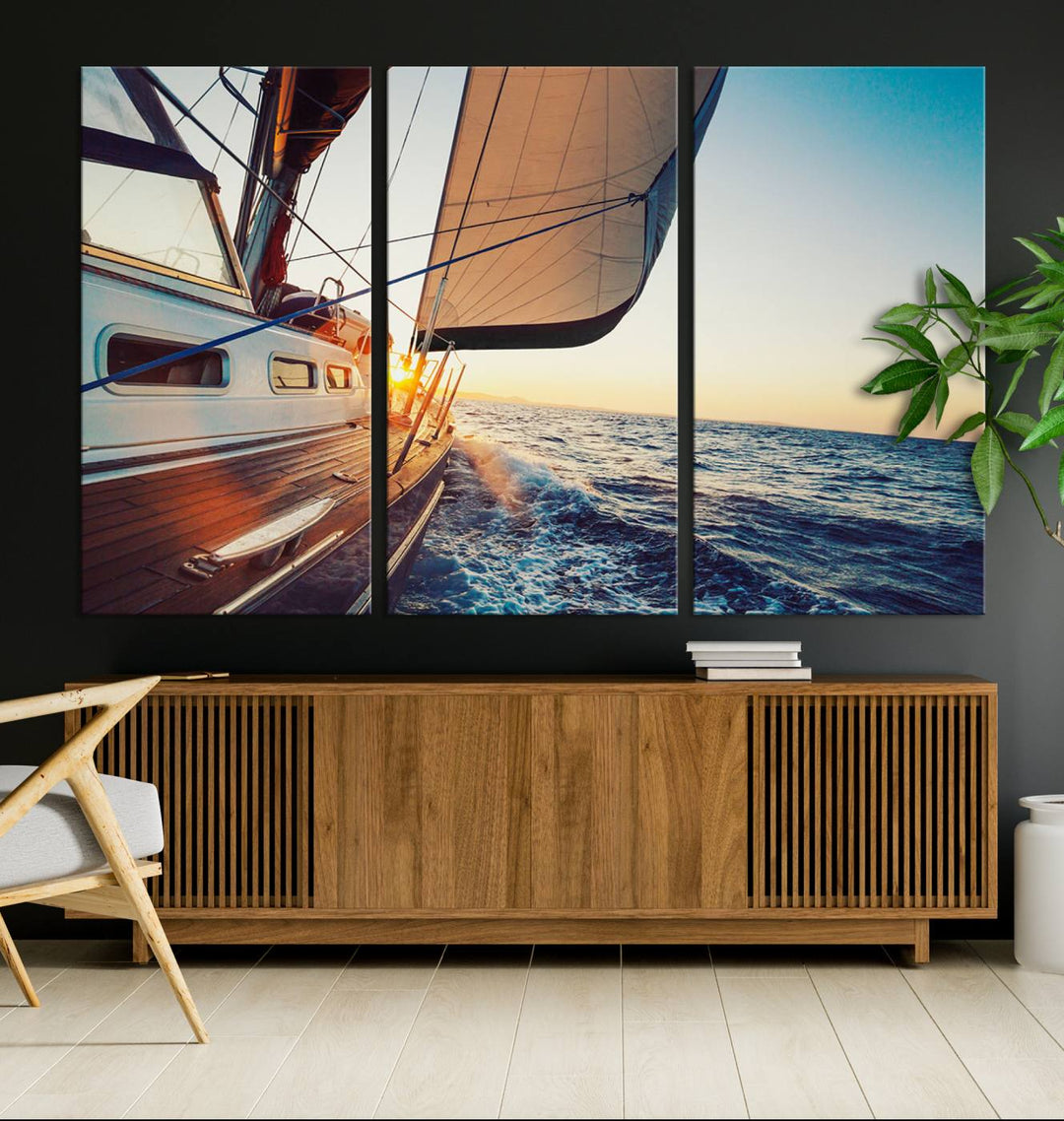 Sailboat Win on the Ocean Sunset Wall Art Canvas Print