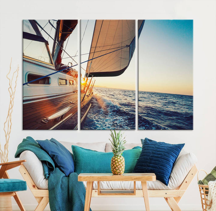 Sailboat Win on the Ocean Sunset Wall Art Canvas Print