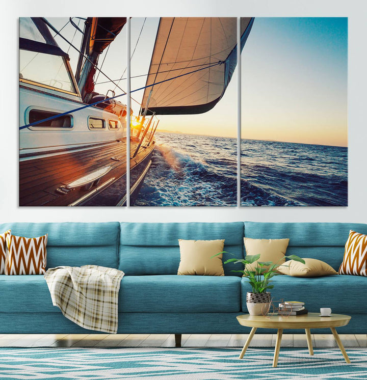 Sailboat Win on the Ocean Sunset Wall Art Canvas Print