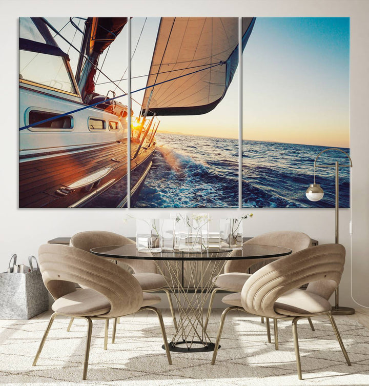 Sailboat Win on the Ocean Sunset Wall Art Canvas Print