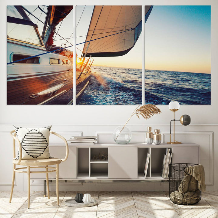 Sailboat Win on the Ocean Sunset Wall Art Canvas Print