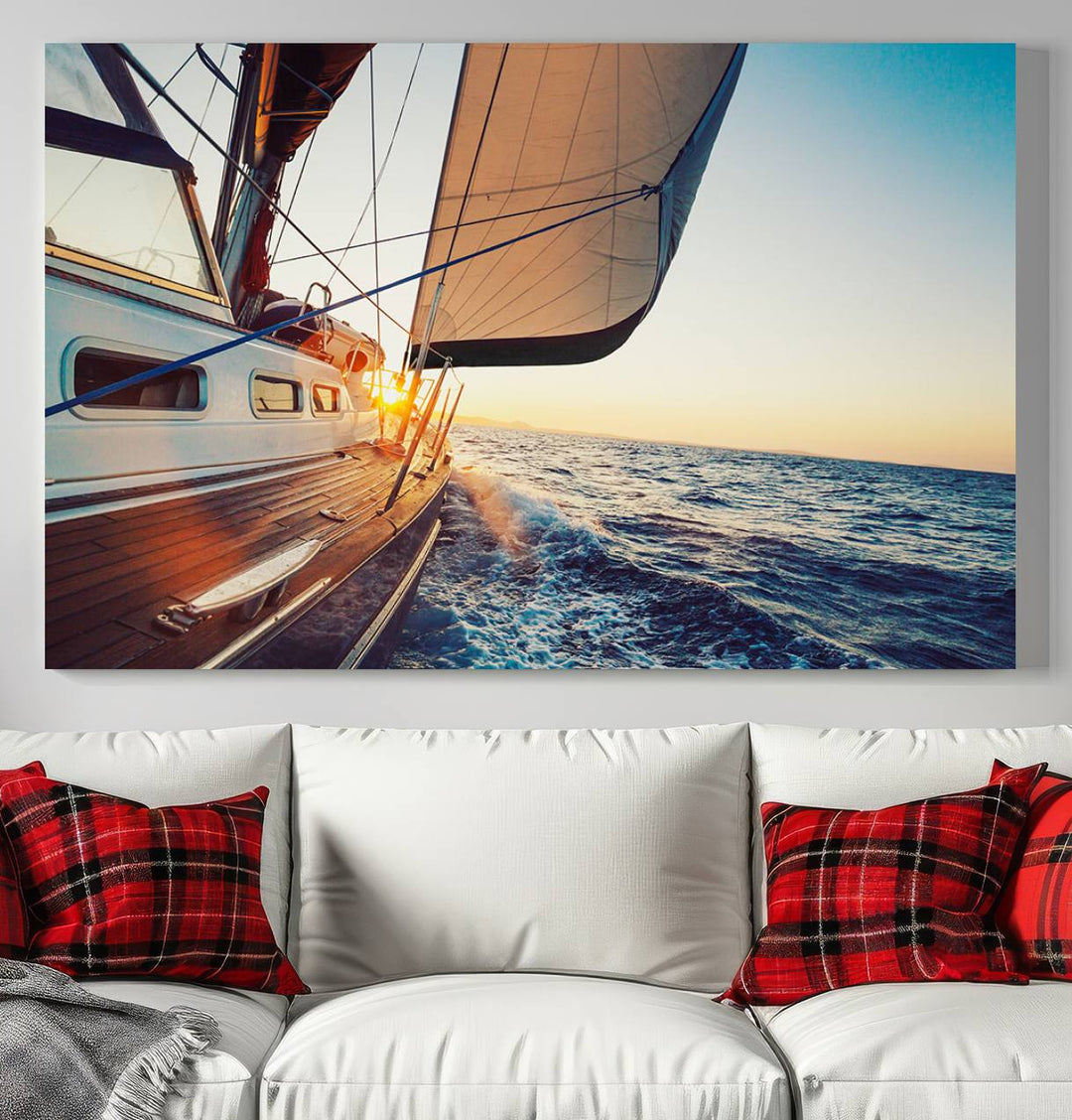 Sailboat Win on the Ocean Sunset Wall Art Canvas Print