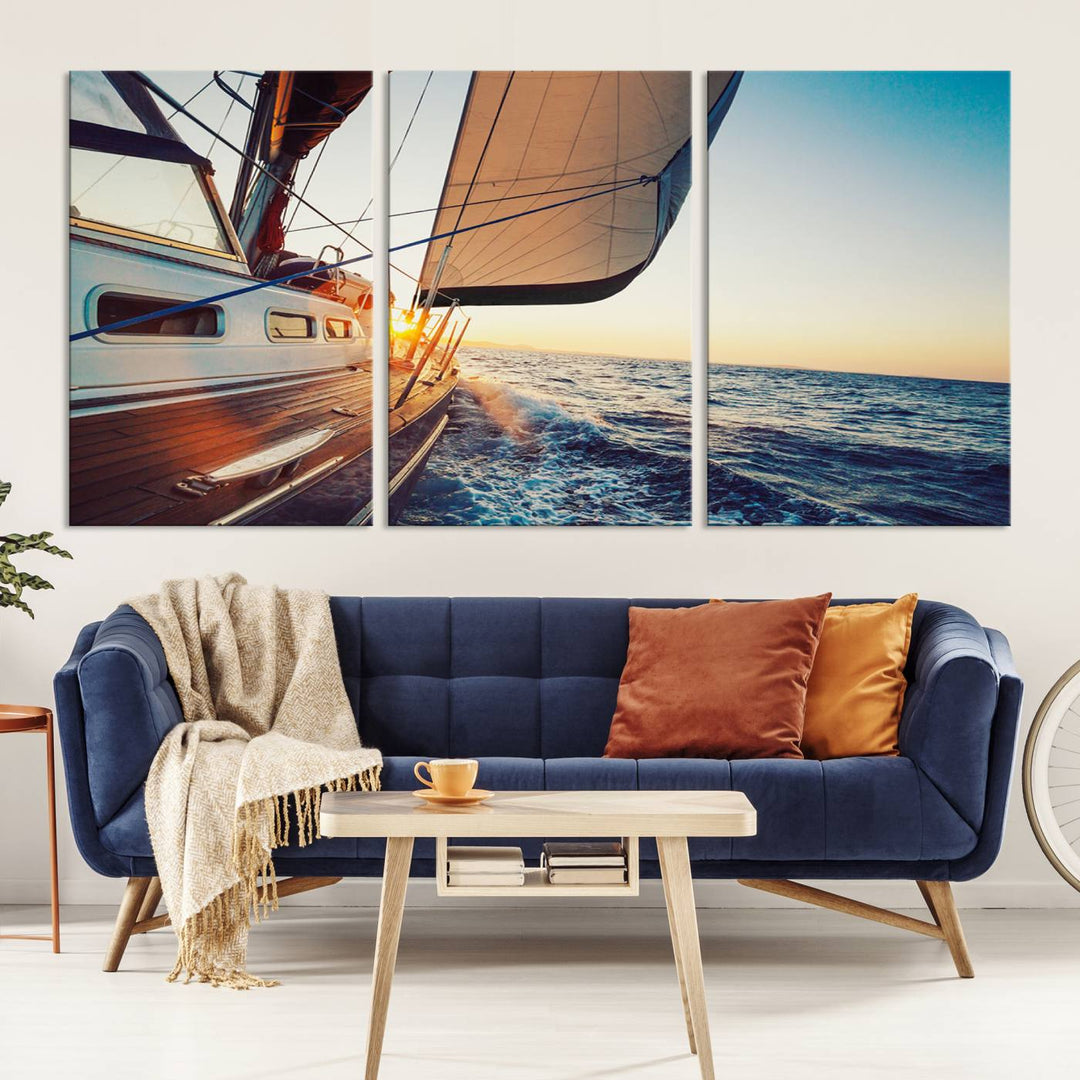 Sailboat Win on the Ocean Sunset Wall Art Canvas Print