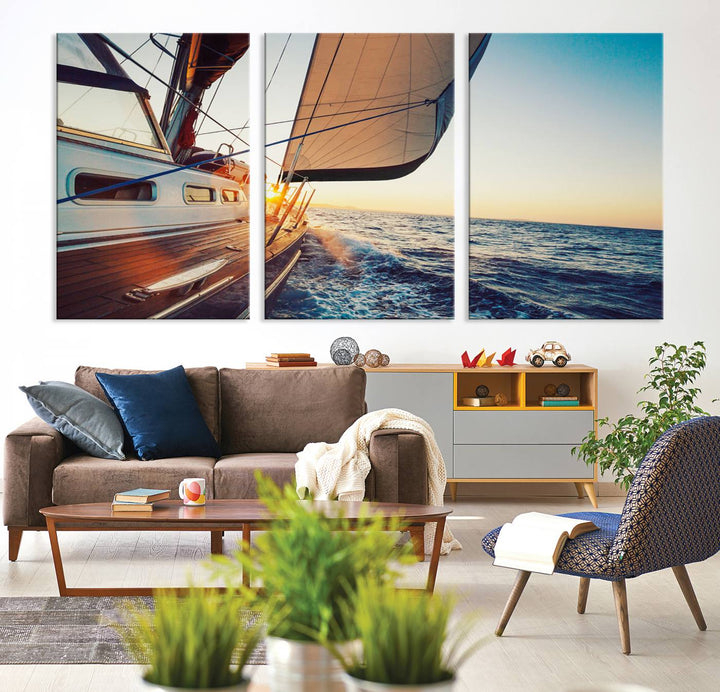 Sailboat Win on the Ocean Sunset Wall Art Canvas Print