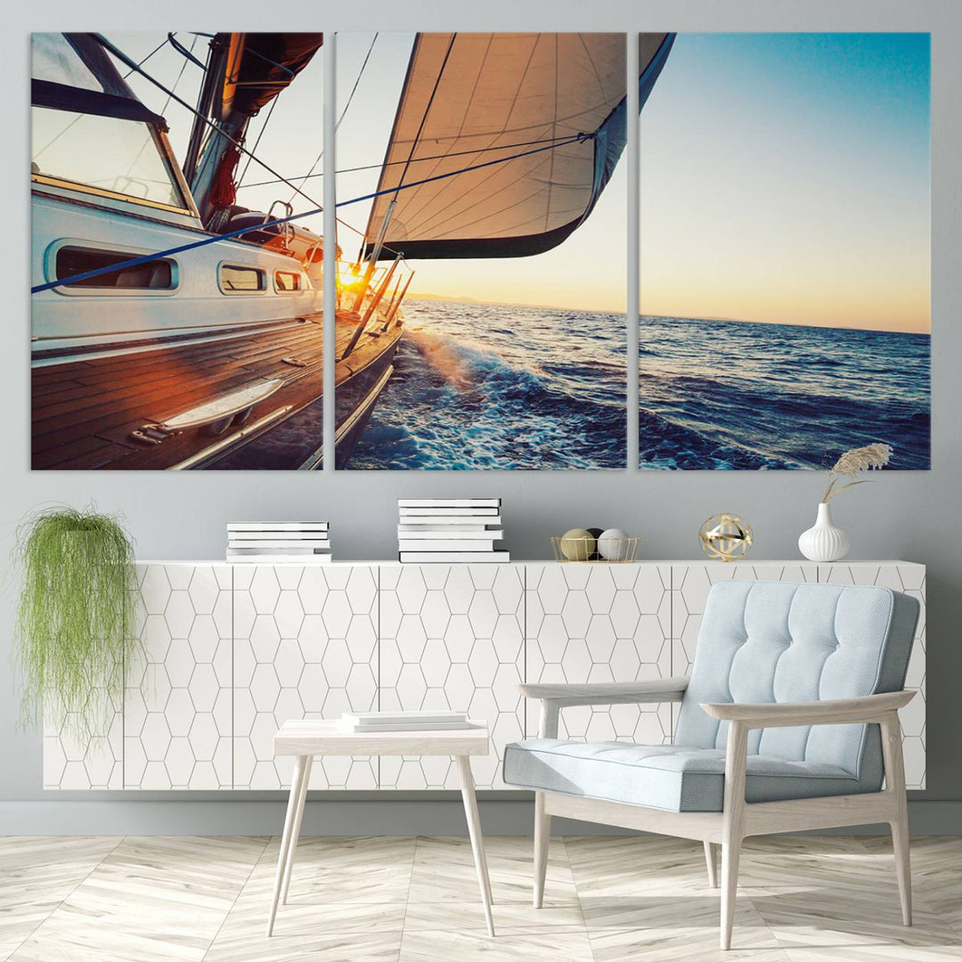 Sailboat Win on the Ocean Sunset Wall Art Canvas Print