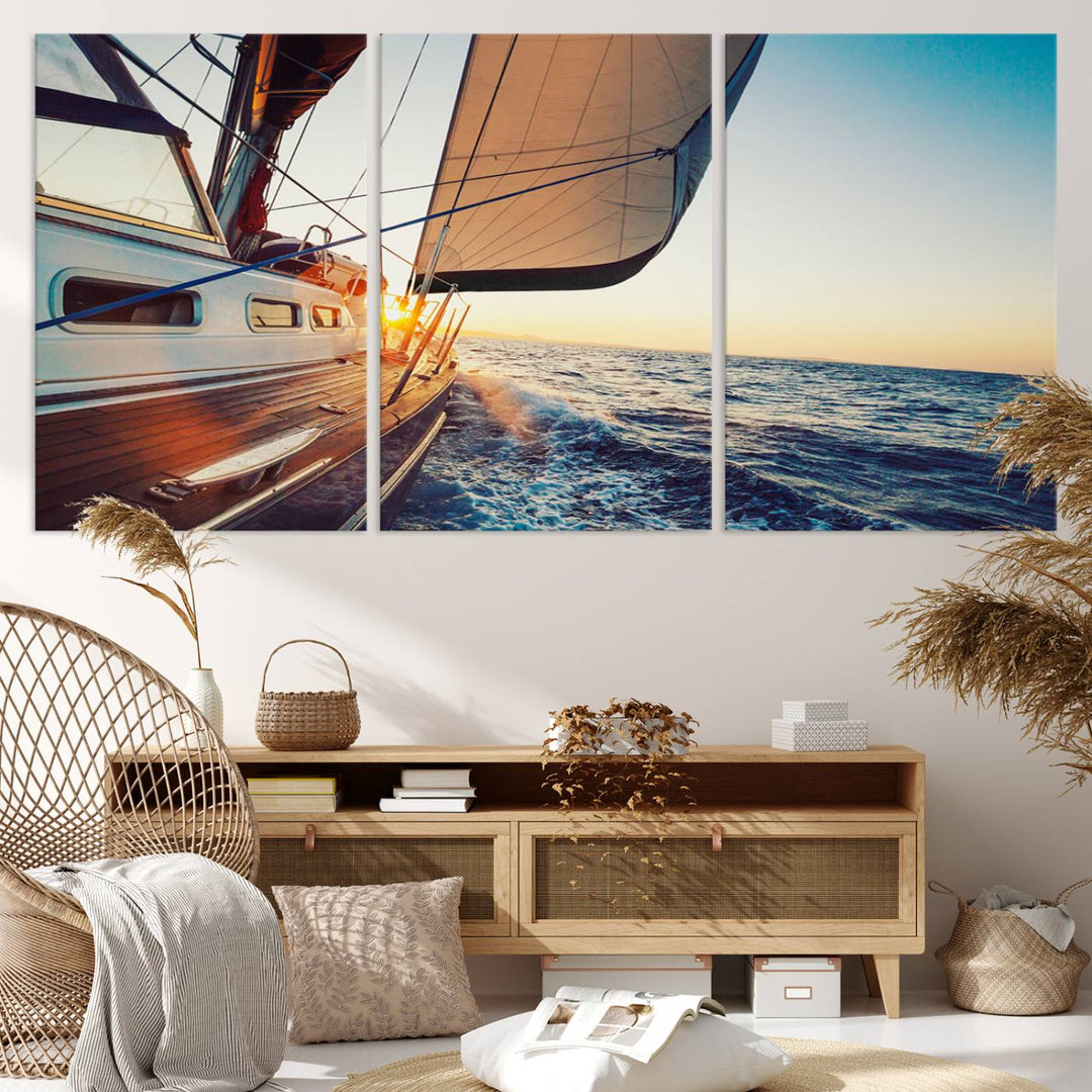 Sailboat Win on the Ocean Sunset Wall Art Canvas Print