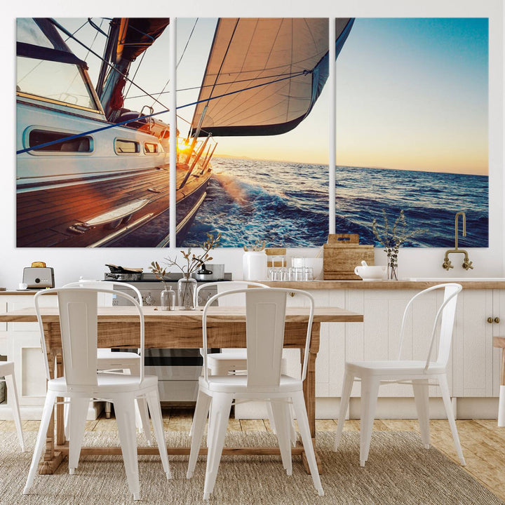 Sailboat Win on the Ocean Sunset Wall Art Canvas Print