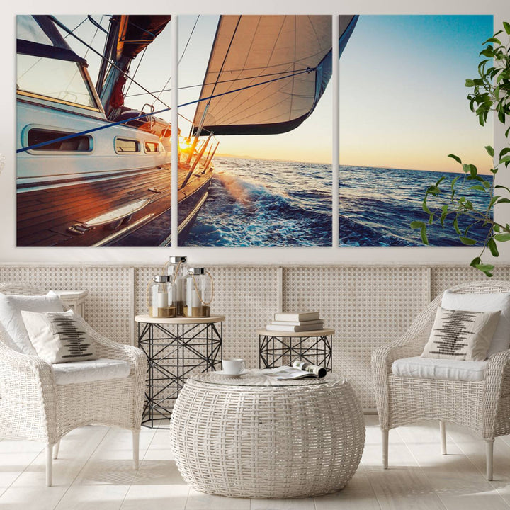 Sailboat Win on the Ocean Sunset Wall Art Canvas Print