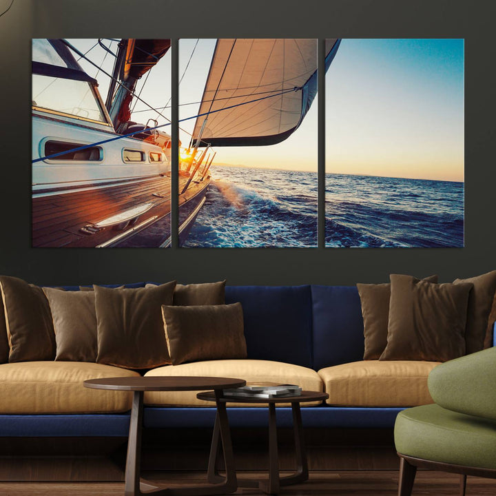 Sailboat Win on the Ocean Sunset Wall Art Canvas Print