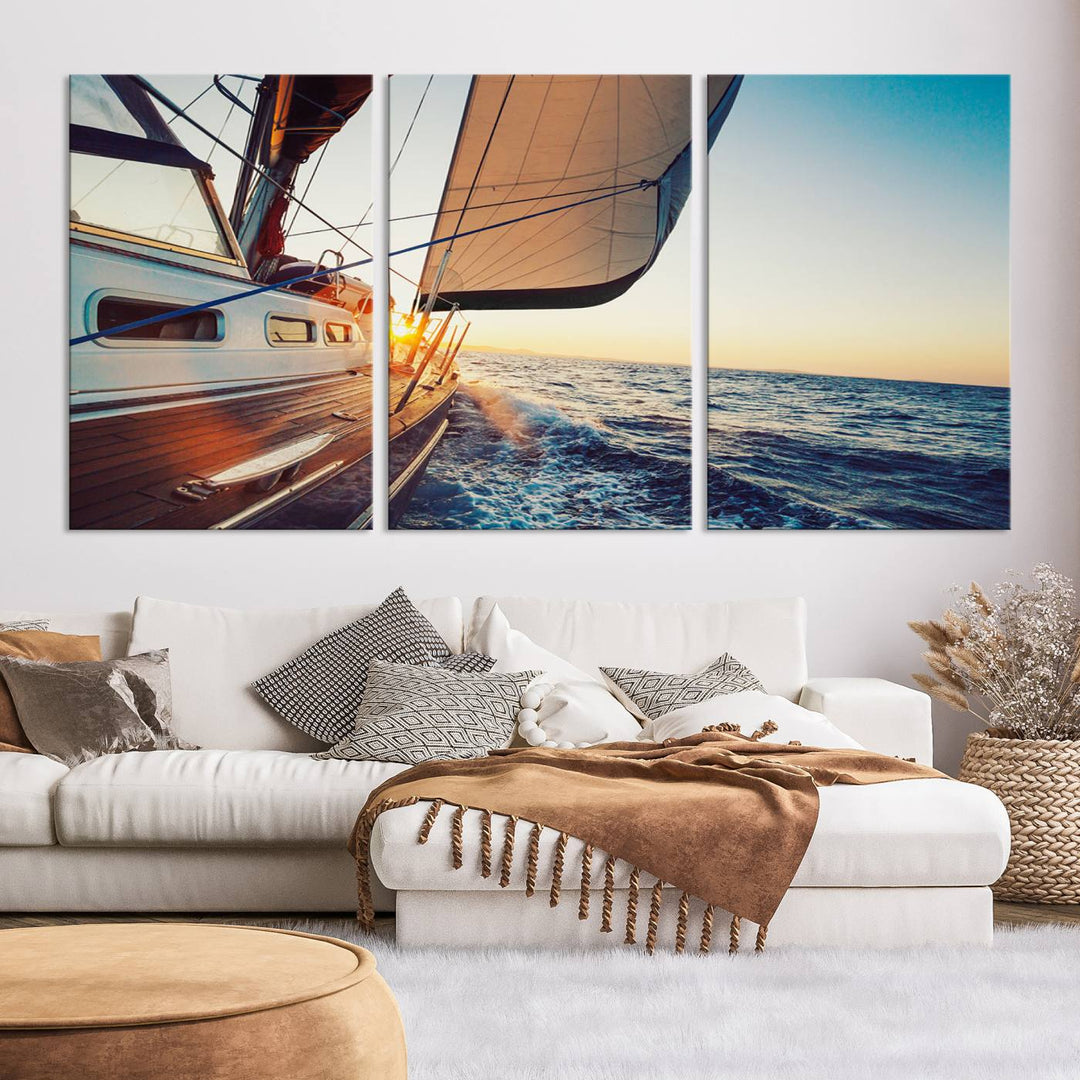 Sailboat Win on the Ocean Sunset Wall Art Canvas Print