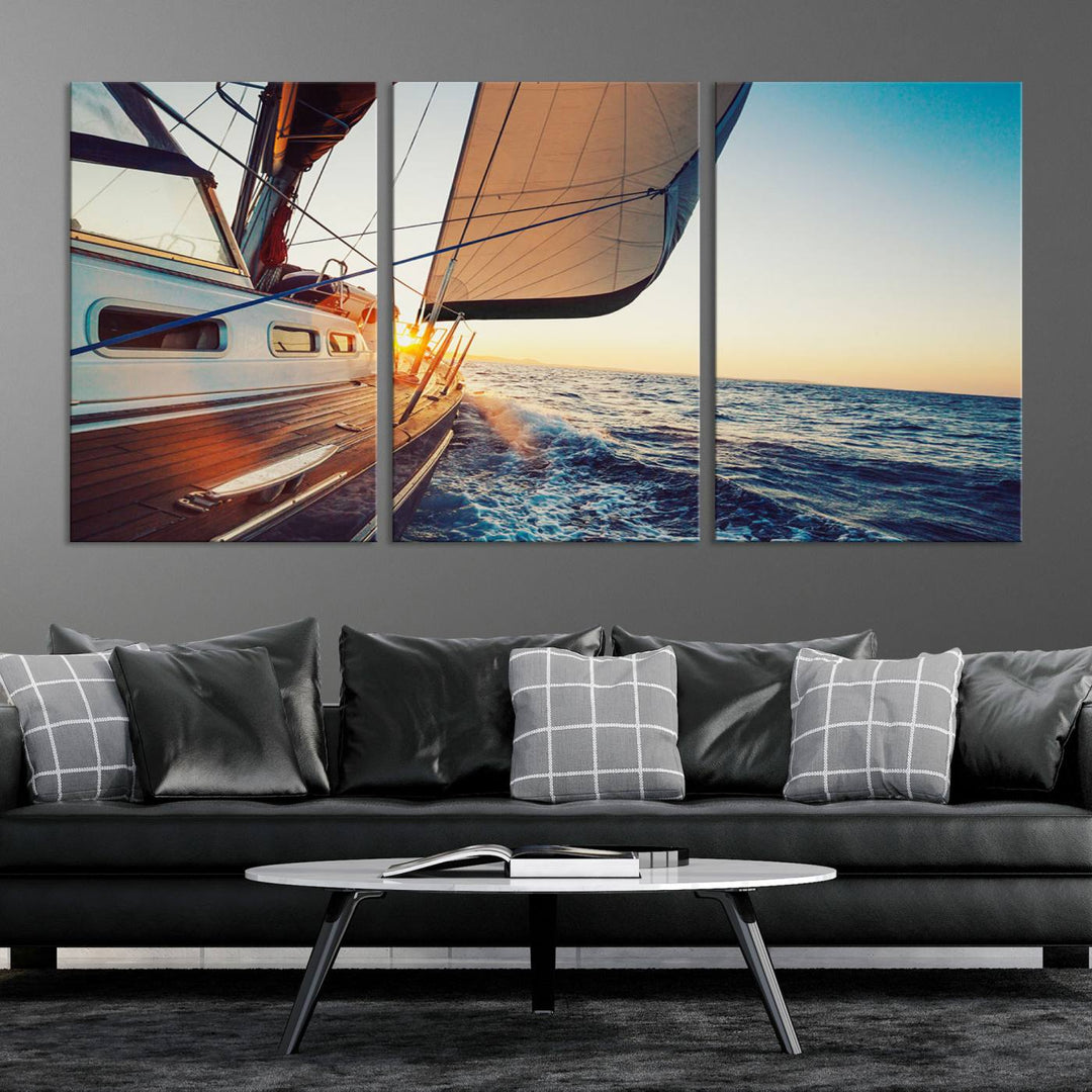 Sailboat Win on the Ocean Sunset Wall Art Canvas Print