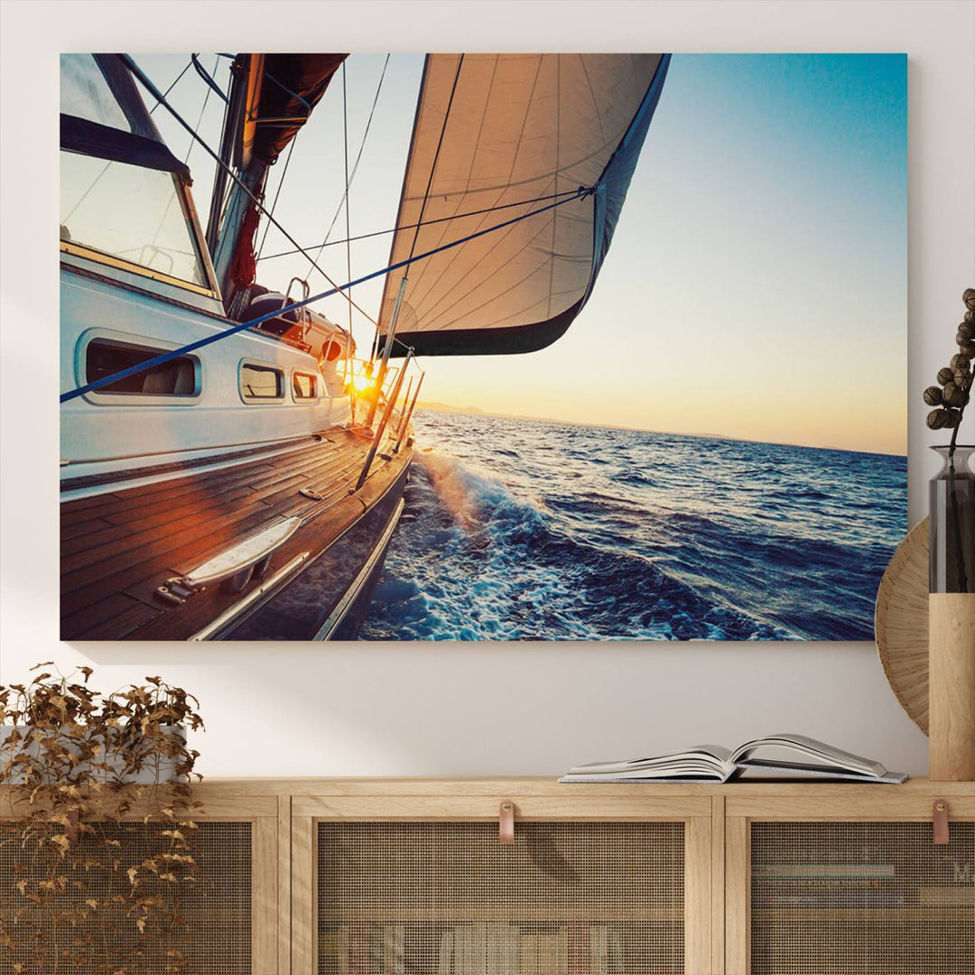 Sailboat Win on the Ocean Sunset Wall Art Canvas Print