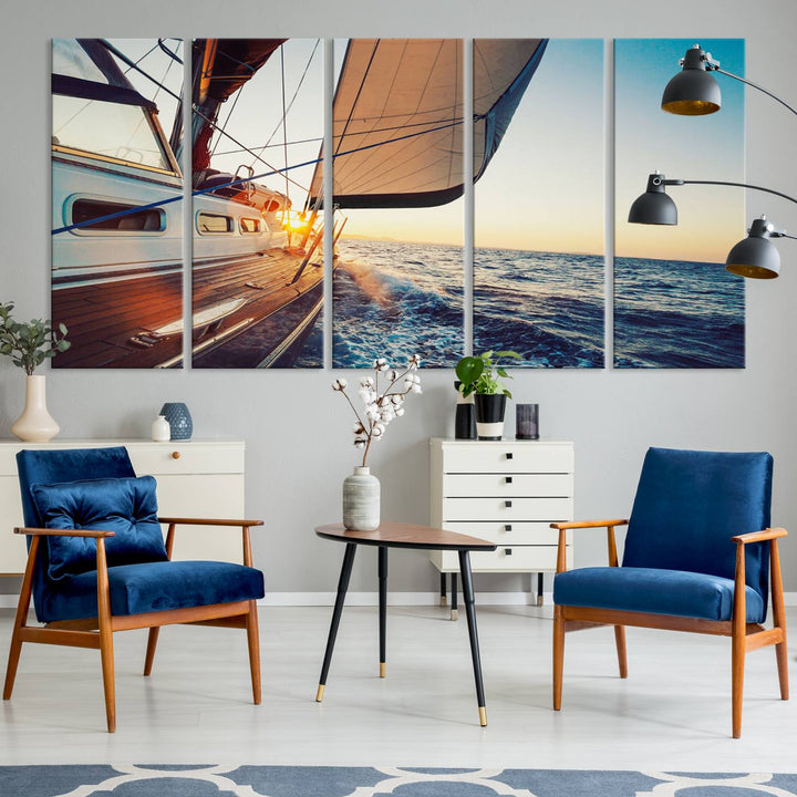 Sailboat Win on the Ocean Sunset Wall Art Canvas Print