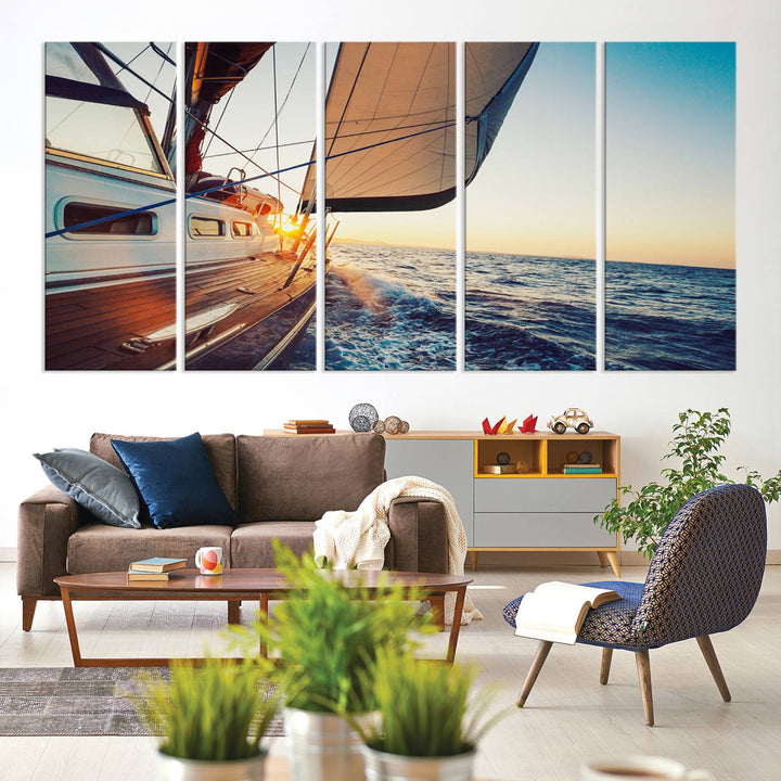 Sailboat Win on the Ocean Sunset Wall Art Canvas Print