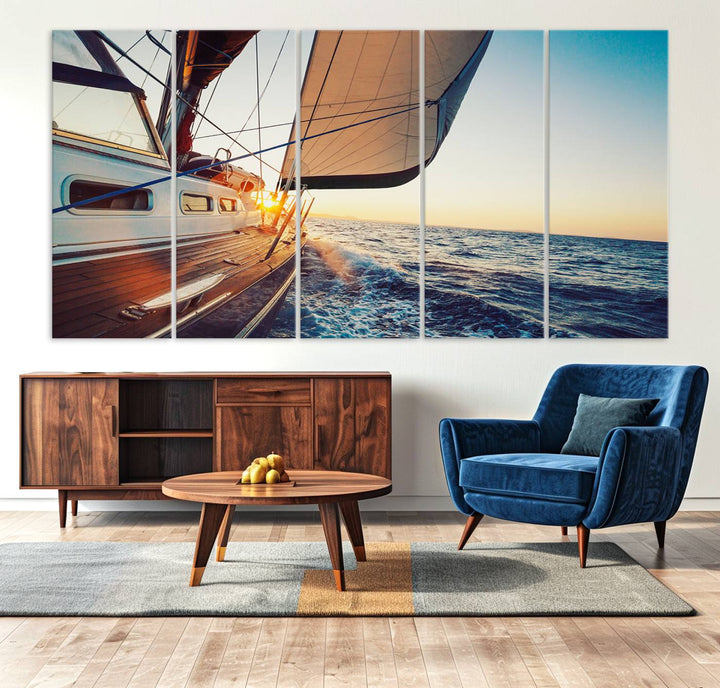 Sailboat Win on the Ocean Sunset Wall Art Canvas Print