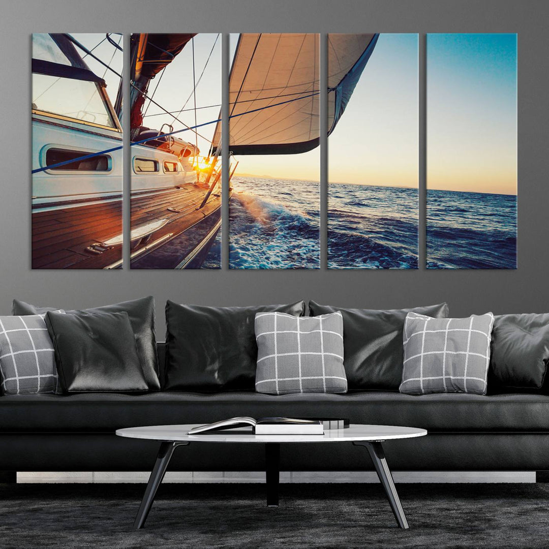 Sailboat Win on the Ocean Sunset Wall Art Canvas Print