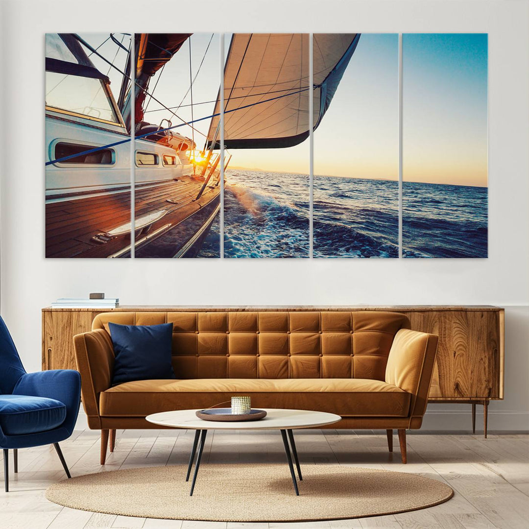 Sailboat Win on the Ocean Sunset Wall Art Canvas Print