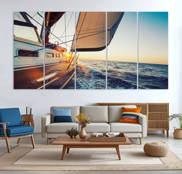 Sailboat Win on the Ocean Sunset Wall Art Canvas Print