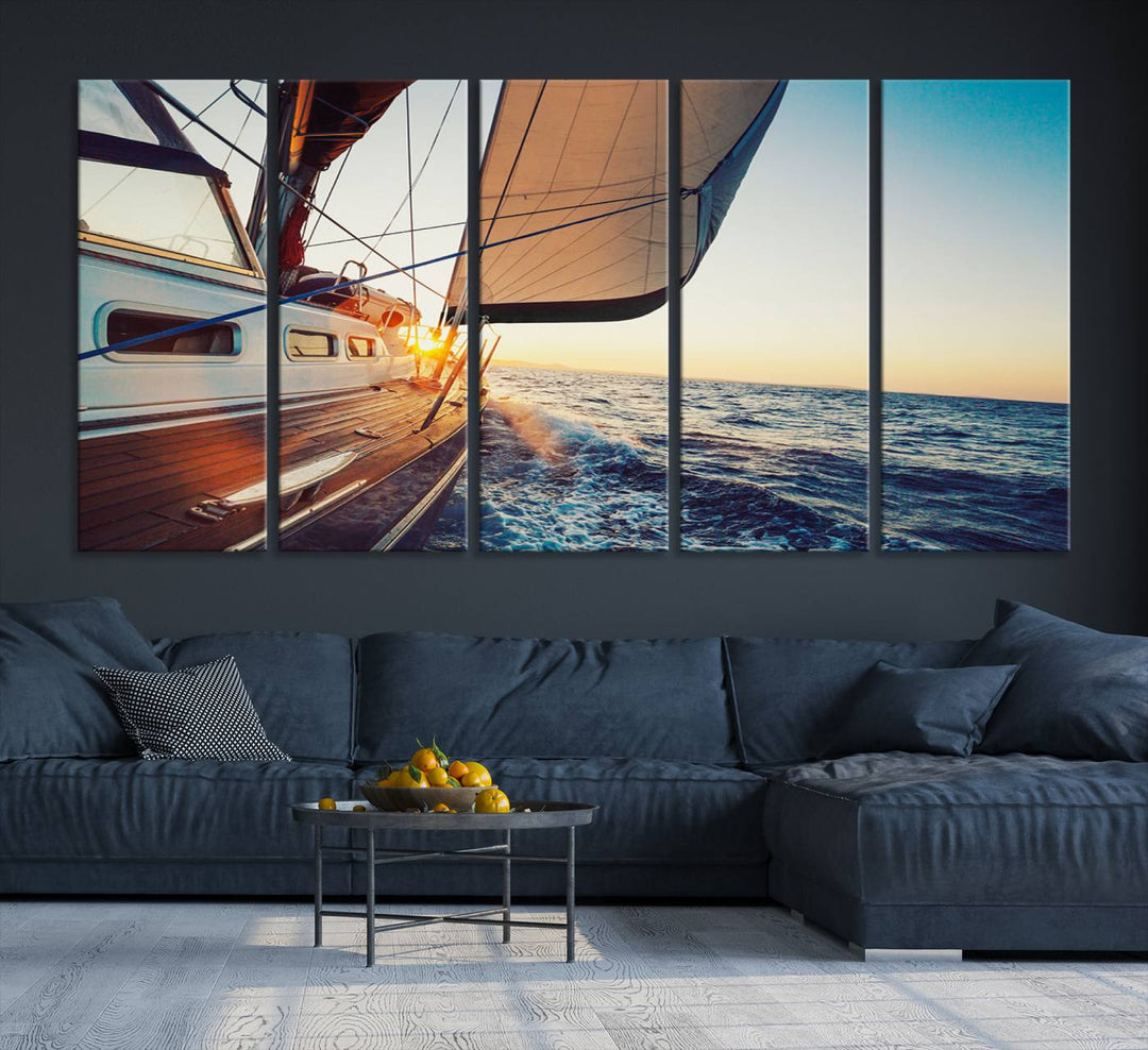 Sailboat Win on the Ocean Sunset Wall Art Canvas Print